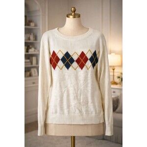 Cream Argyle Knit Sweater Preppy Y2K Academia Pullover Gap Women's Medium
